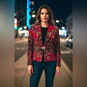 Kay Unger Red Velvet Burnout Paisley Blazer w Rhinestone Clasp Sz 12